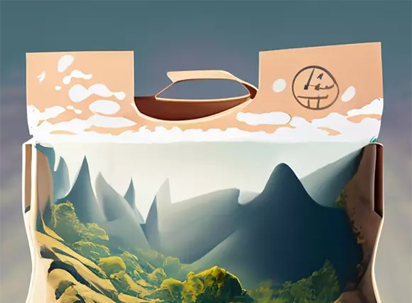Illustration of a recycled paper bag showing mountains and nature.