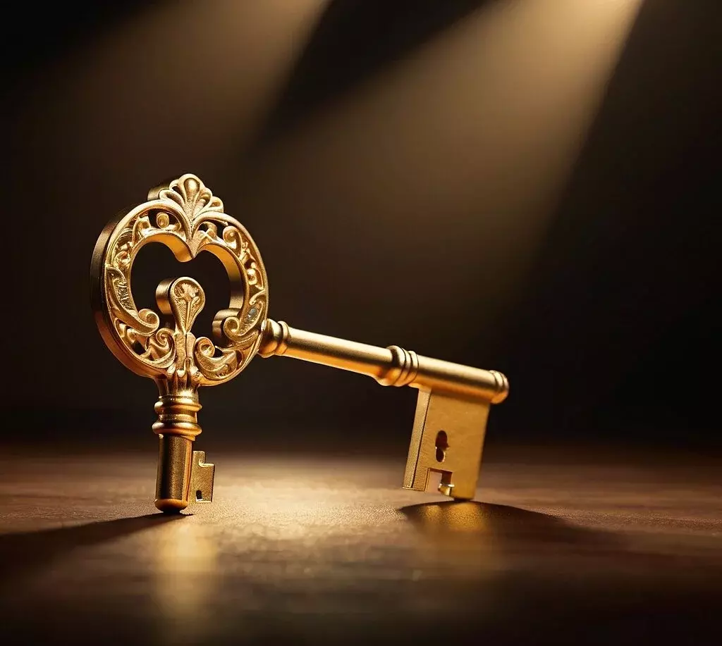 Old golden ornate key lying in the spotlight